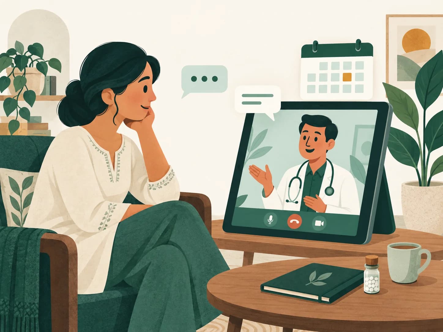 Illustration of a patient at home speaking with a doctor on a video consultation.